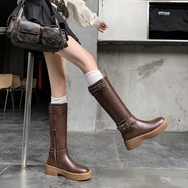 巨好看2025新款真皮厚底复古西部牛仔靴女皮带扣高筒骑士靴长靴,女装/女士精品,休闲裤,淘宝优惠券,粉丝福利购,淘宝优惠卷