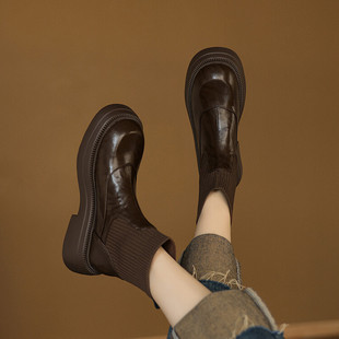 巨好穿真皮厚底棕色短靴瘦瘦靴女2024新款秋冬针织圆头弹力靴袜靴