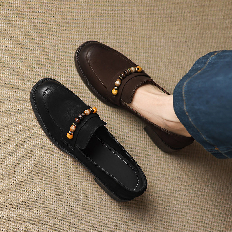 巨好看超软羊皮绝美串珠单鞋春秋款圆头粗跟乐福鞋真皮低跟女鞋子