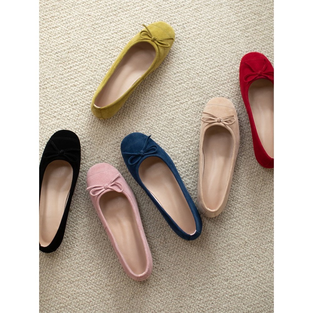 磨砂羊翻皮蝴蝶结圆头浅口单鞋软