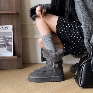 骑士靴皮毛一体厚底雪地靴女2025新款 冬加绒短筒靴子两穿保暖棉鞋
