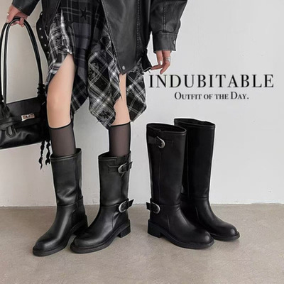 时髦精～！圆头皮带扣高筒骑士靴女真皮大筒围粗跟长靴黑色西部靴