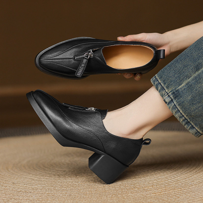 巨舒服英伦风厚底小皮鞋女真皮粗跟鞋2025新款早春季浅口中跟单鞋