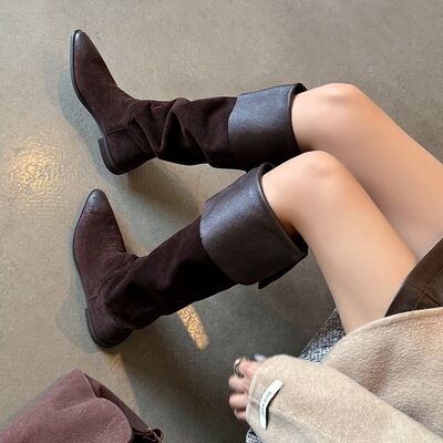 靴子美拉德牛翻皮尖头平底翻领西部靴高筒骑士靴高跟棕色长筒靴女