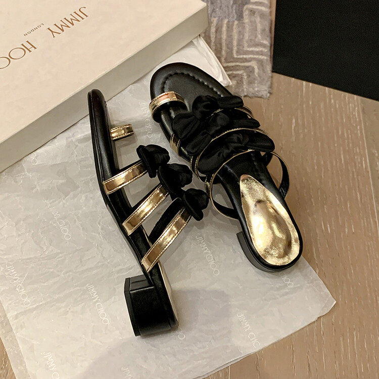 拼色蝴蝶结外穿拖鞋2023夏白搭粗中跟牛皮圆头个性套趾凉鞋女,户外/登山/野营/旅行用品,登山鞋/徒步鞋,淘宝优惠券,粉丝福利购,淘宝优惠卷