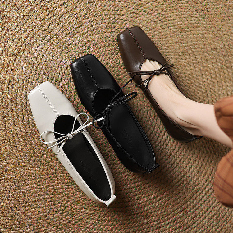 2025春季方头里外全皮女鞋简约大气敲软舒适蝴蝶结可踩跟浅口单鞋