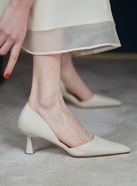 2023年春夏新款法式尖头细跟高跟鞋浅口中空单鞋女姜黄色包头凉鞋