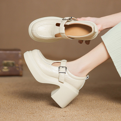 10CM学院风超高跟厚底浅口单鞋女春季新款粗跟丁字带增高玛丽珍鞋