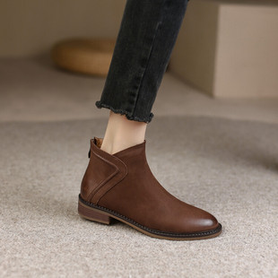 真皮法式复古擦色短靴女秋冬舒适软底中跟及踝靴圆头粗跟切尔西靴