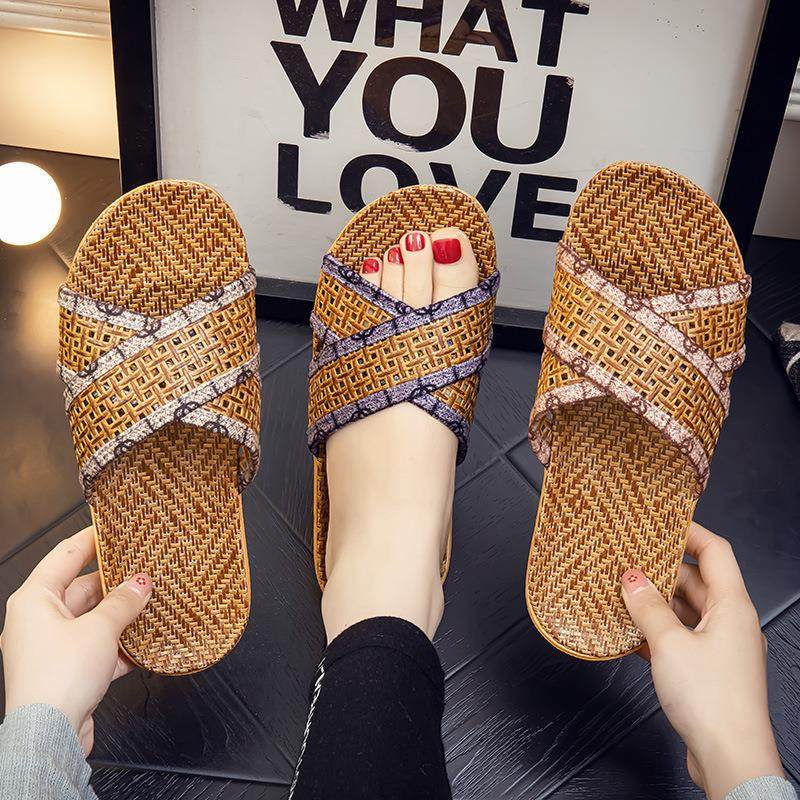 夏季亚草编织凉拖鞋女士亚麻拖鞋家居室内防滑厚底地板藤草男居家