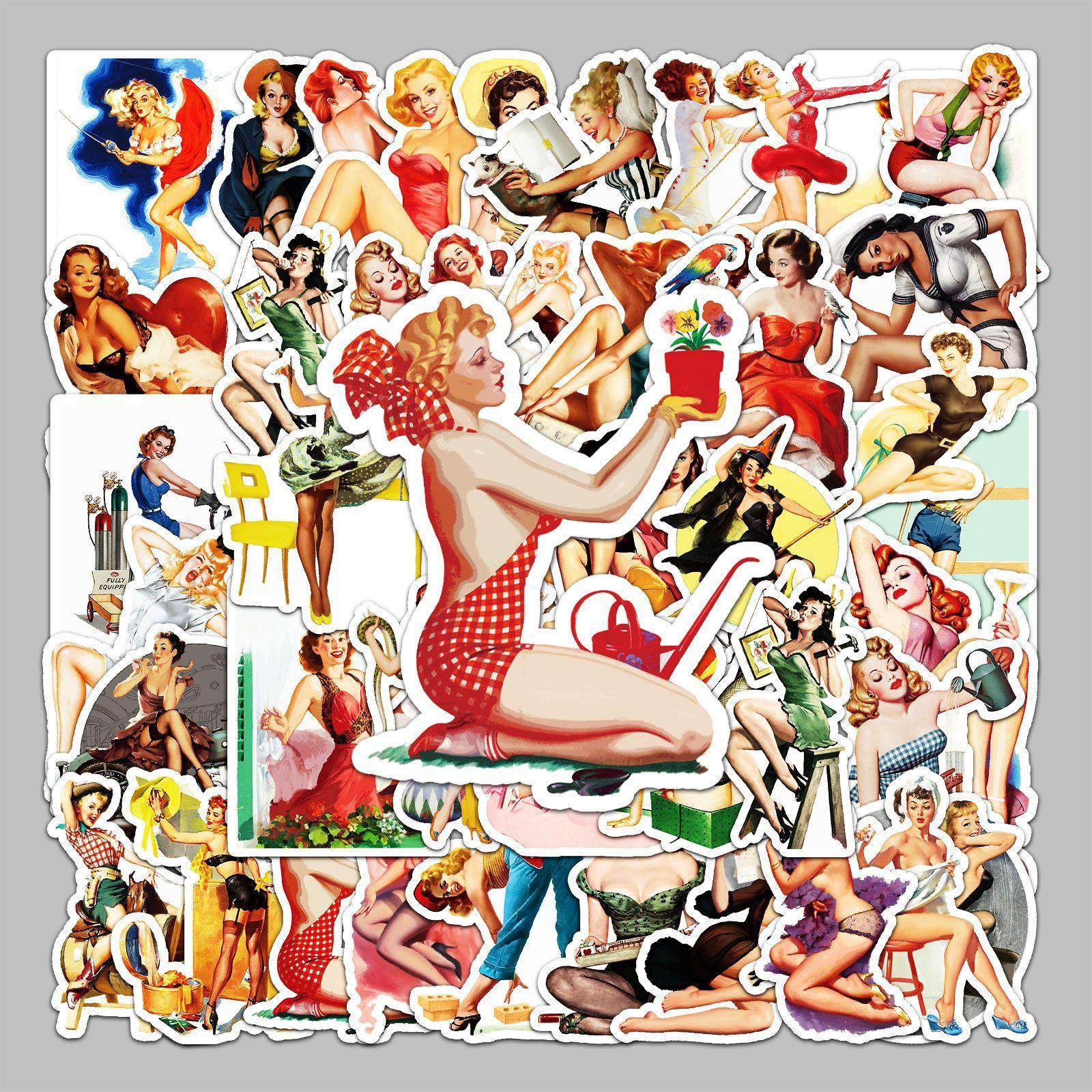 50张海报女郎卡通行李箱贴纸创意涂鸦贴纸滑板车电脑平板水杯装饰