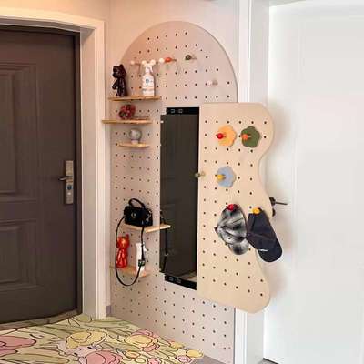 新款实木洞洞板玄关改造入户墙上置物架穿衣镜挂衣架一体组合镜全