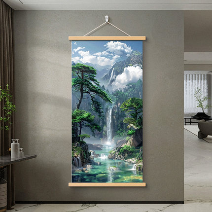 新中式山水风景装饰画流水生财迎客松招财风水客厅玄关办公室挂画