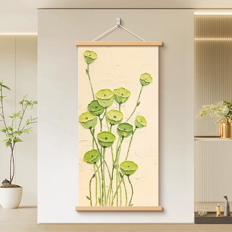 奶油风绿叶莲蓬肌理画玄关装饰画好运莲莲入户走廊过道挂画卷轴画
