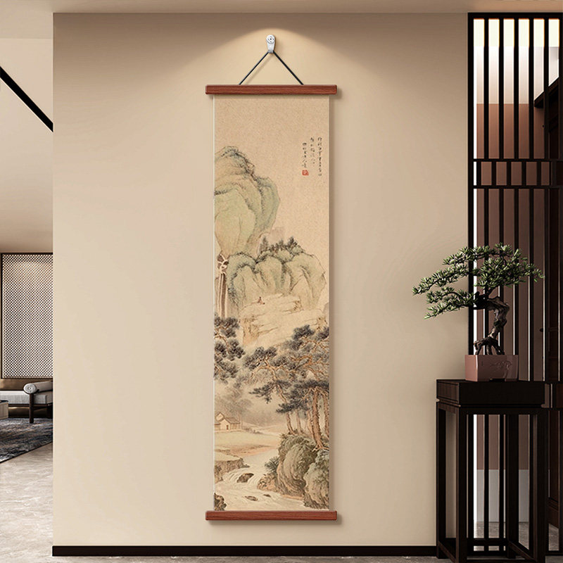 松崖观瀑宋式美学玄关装饰画新中式客厅茶室走廊过道竖版山水挂画