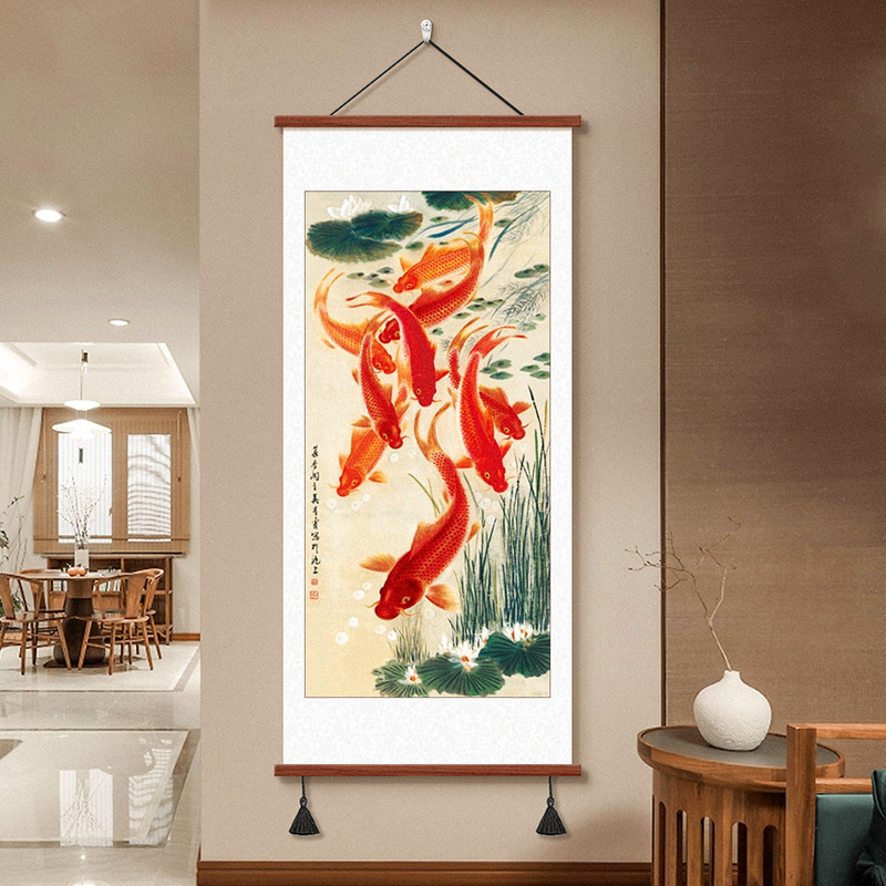 年年有鱼玄关装饰画九鱼图竖版装裱卷轴挂画连年有余进门靠山国画图片