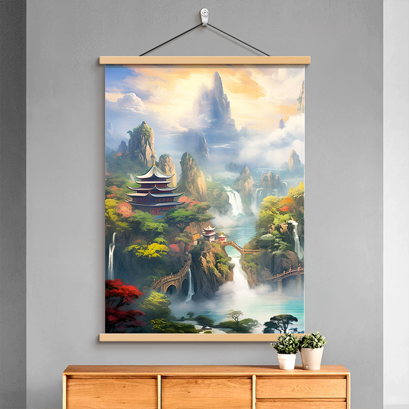 仙家堂口山水画堂单风景画东北暗堂亭子小桥流水挂画无活物有太阳