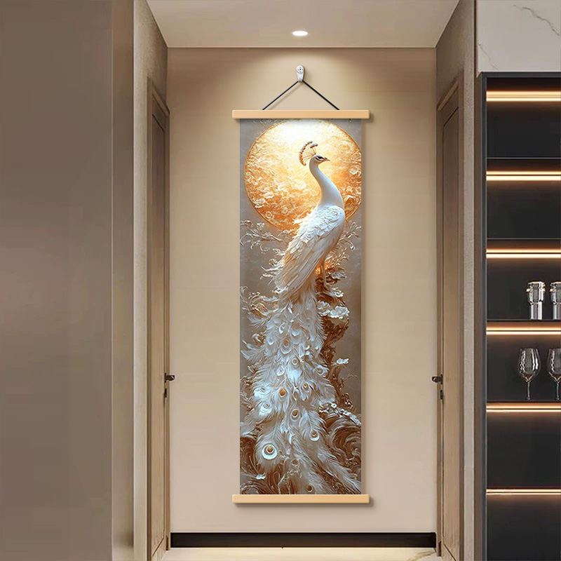 现代简约富贵孔雀玄关装饰画入户正对门挂画客厅沙发背景墙壁画图片