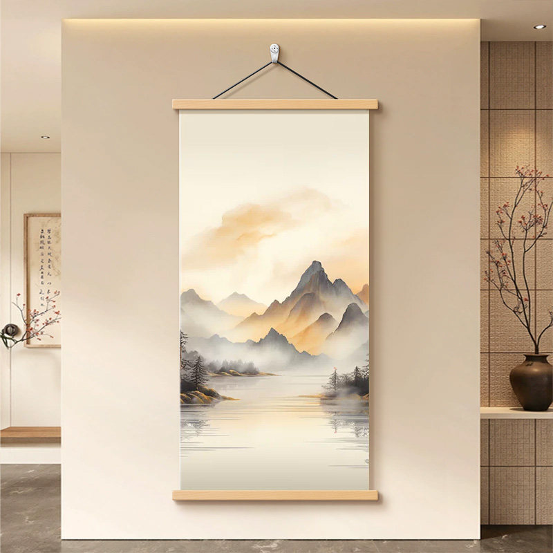 背有靠山宋代美学山水玄关装饰画新中式水墨客厅竖版挂画茶室壁画