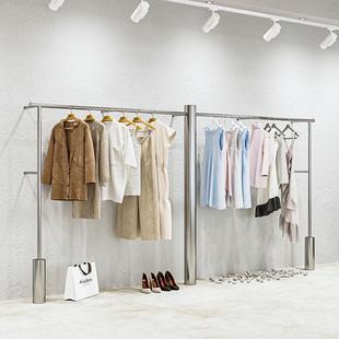 服装店展示架上墙不锈钢拉丝银立柱挂衣架落地式男女装店陈列货架