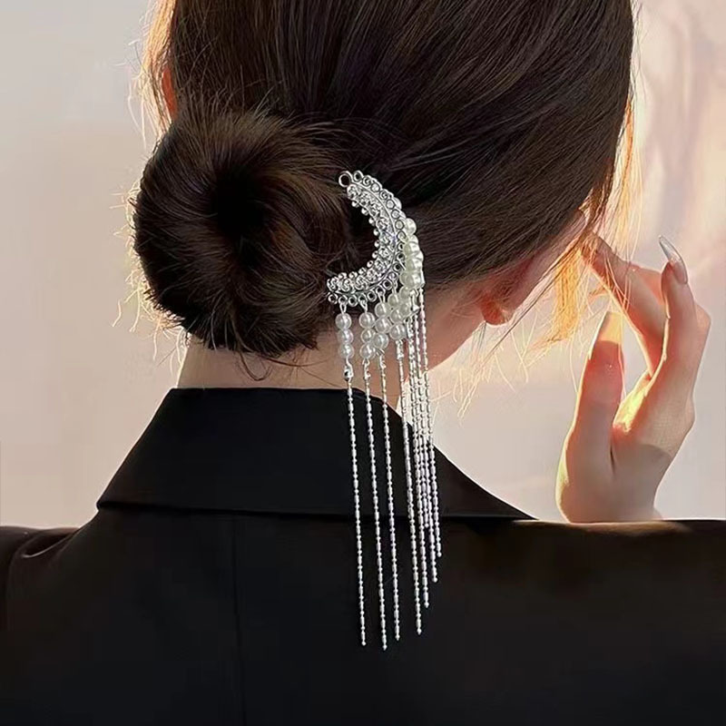 珍珠流苏U型发簪女古风发钗新款