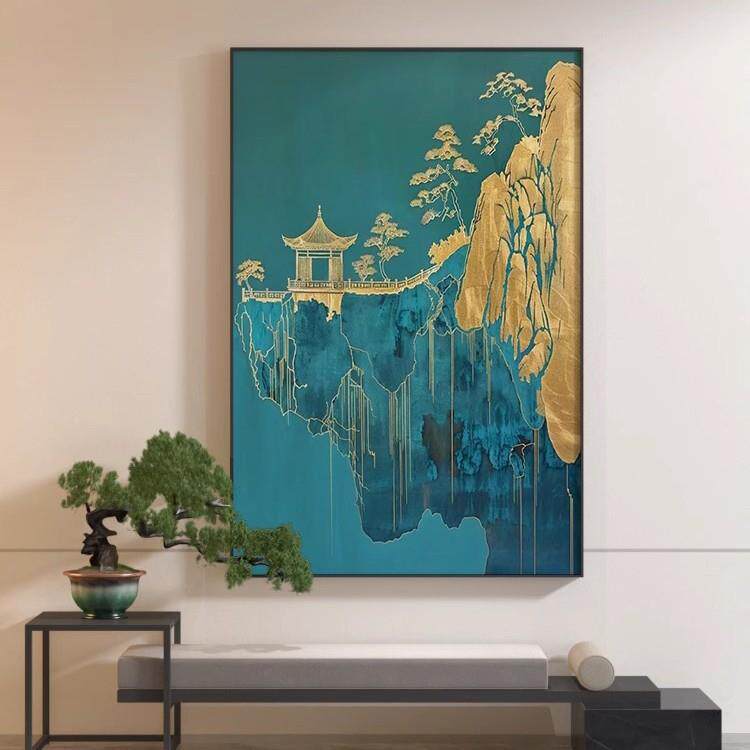 新中式中国风山水高端大气绿色抽象客厅装饰画玄关壁画竖版挂画