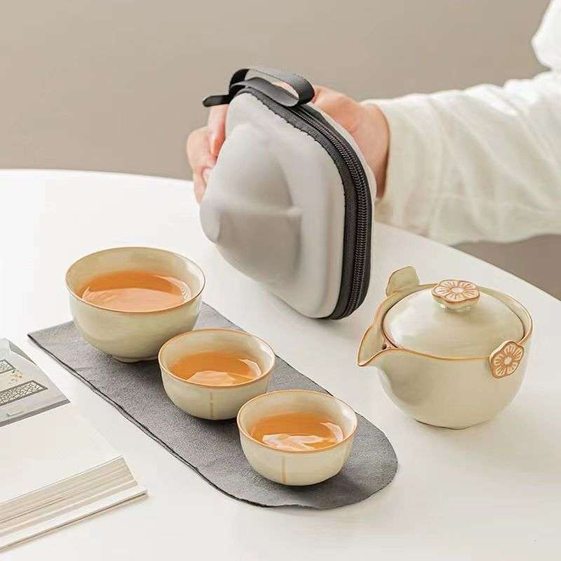 黄汝窑陶瓷快客杯旅行茶具便携式家用户外露营泡茶德化陶瓷