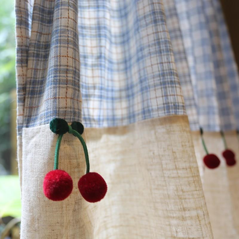 天蓝线格红樱桃半帘窗帘门帘美式乡村穿杆免打孔咖啡帘