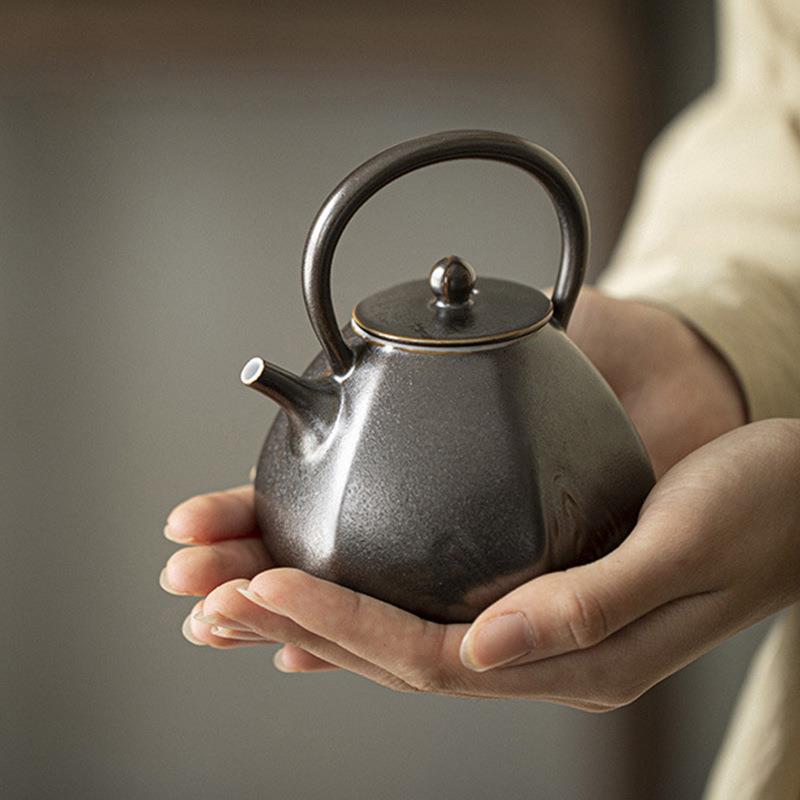 念云居茶壶沙金釉粗陶复古提梁壶日式家用陶瓷泡茶壶近山手执泡茶