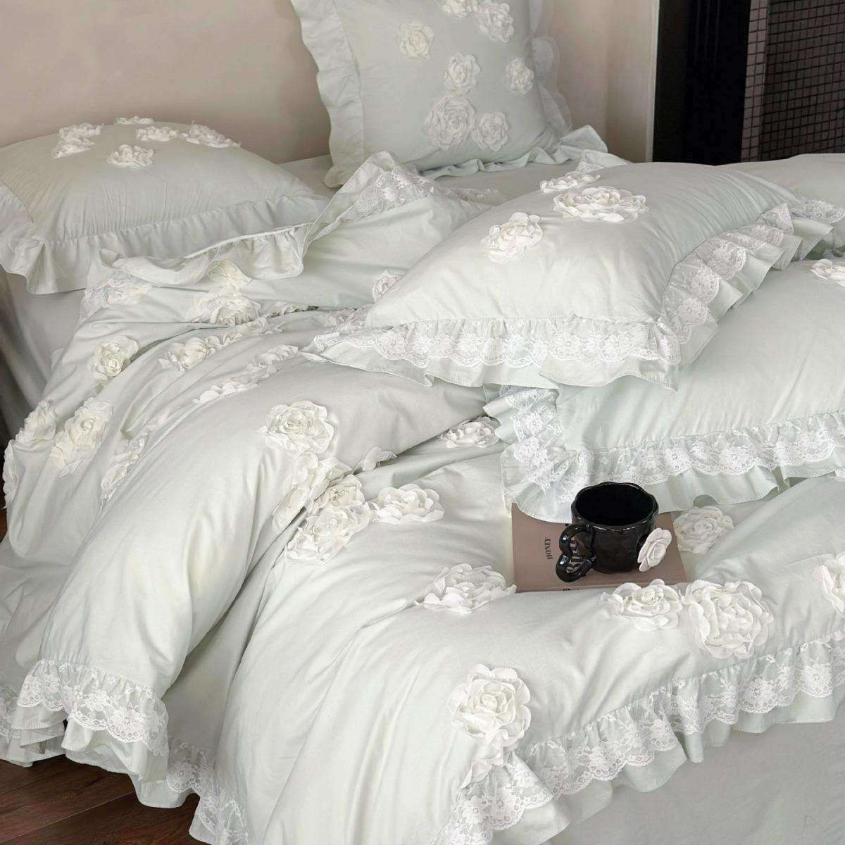 浪漫玫瑰手工盘花40支加厚水洗棉双层花边亲肤可裸睡床上四件套