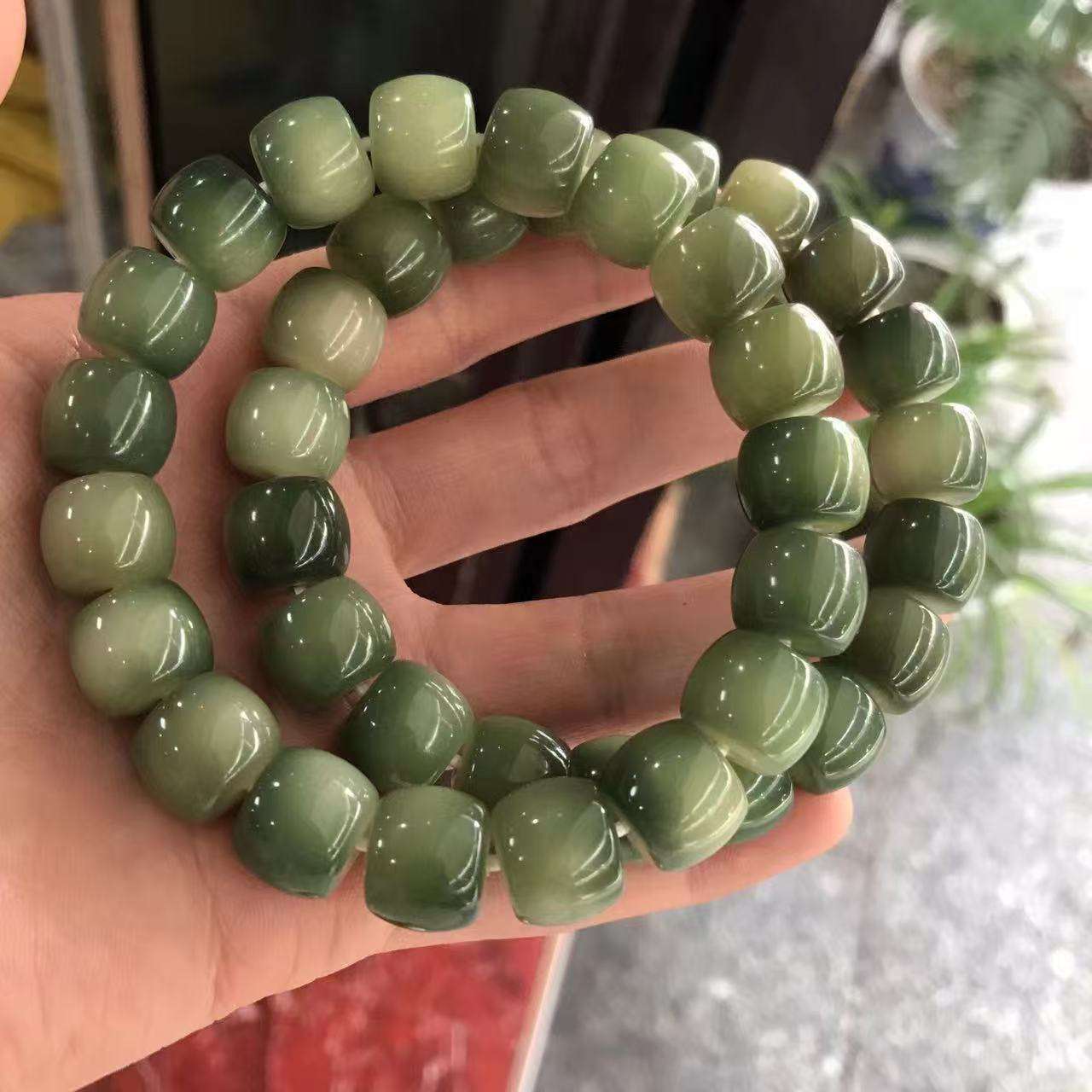 老料菩提直切手串飘花翡翠绿菩提桶珠单圈绕指柔手串手链
