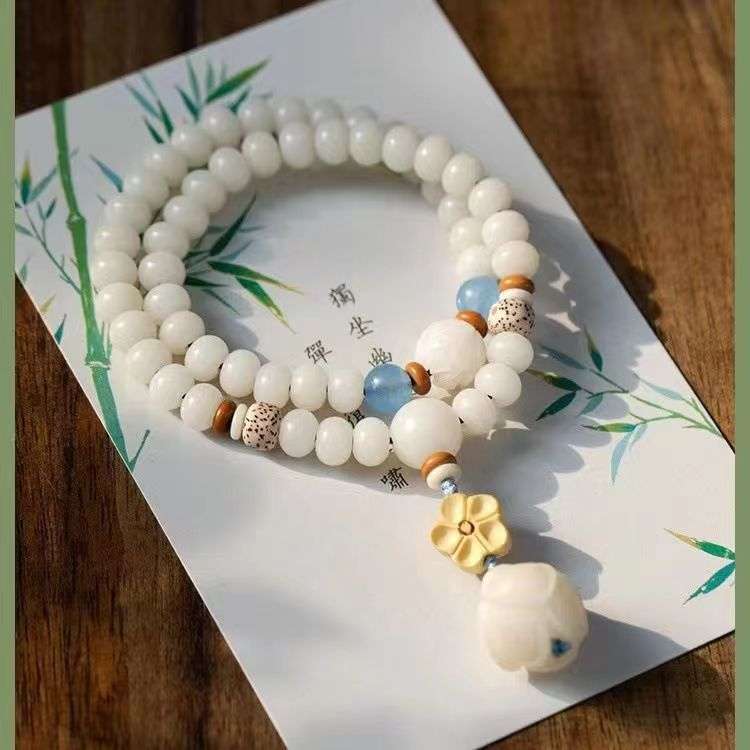精品白玉菩提根手串搭配百合花木质小花双圈手串直播热卖