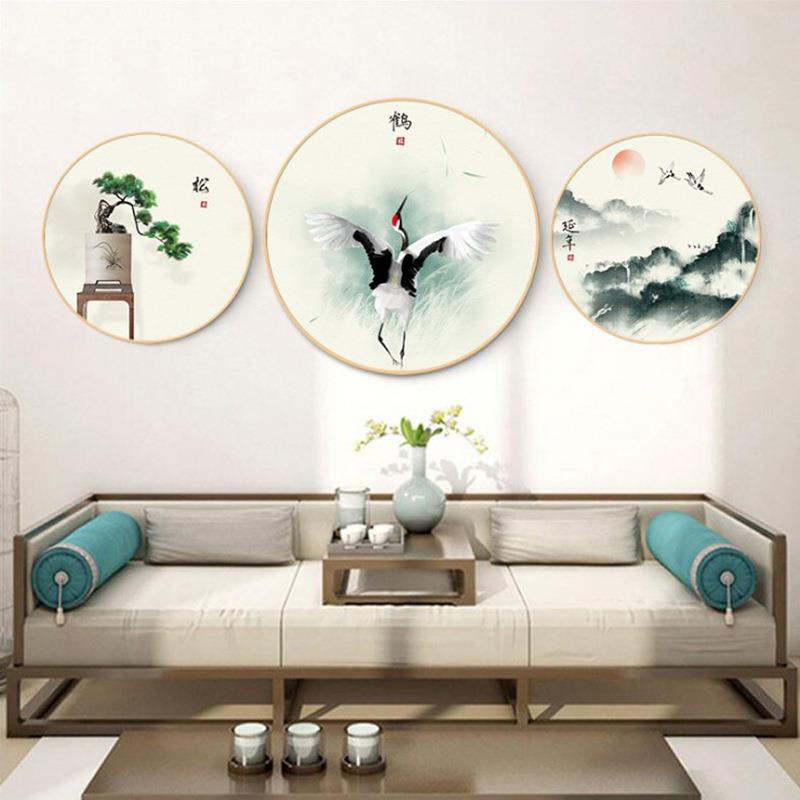 新中式客厅圆形装饰画餐厅挂画民族古典建筑壁画中国风圆框画墙画图片