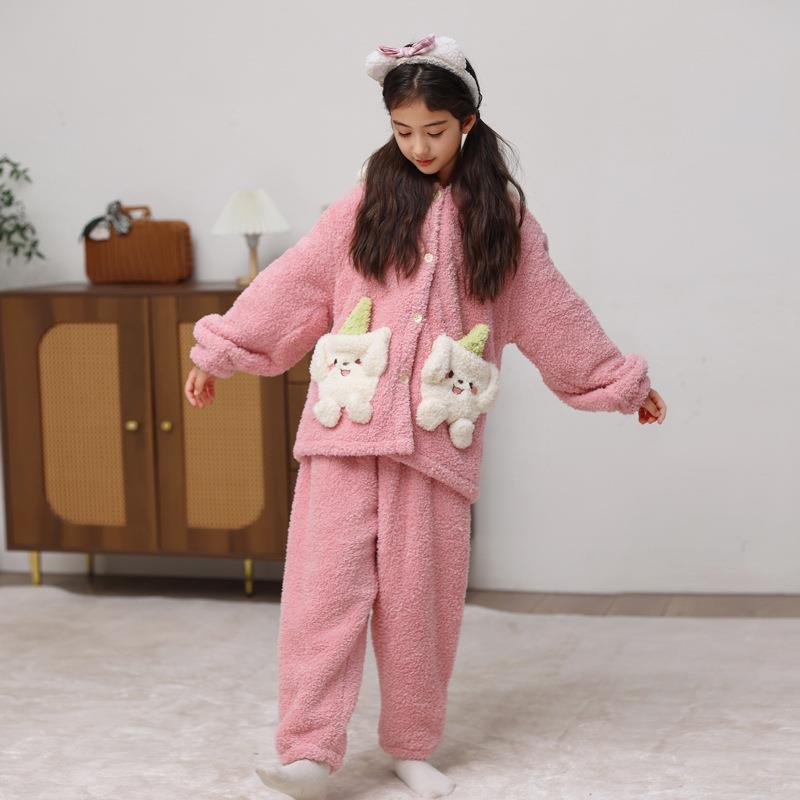 半边绒女童睡衣秋冬保暖女孩套装儿童珊瑚绒中大童家居服长袖长裤