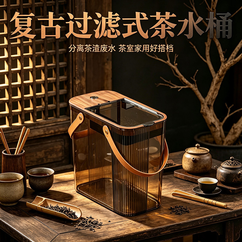 茶水桶复古木纹盖功夫茶台废水桶