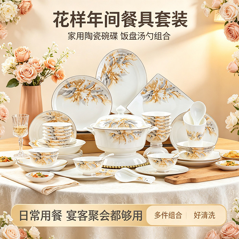餐具骨质瓷描金家用会客碗碟套装