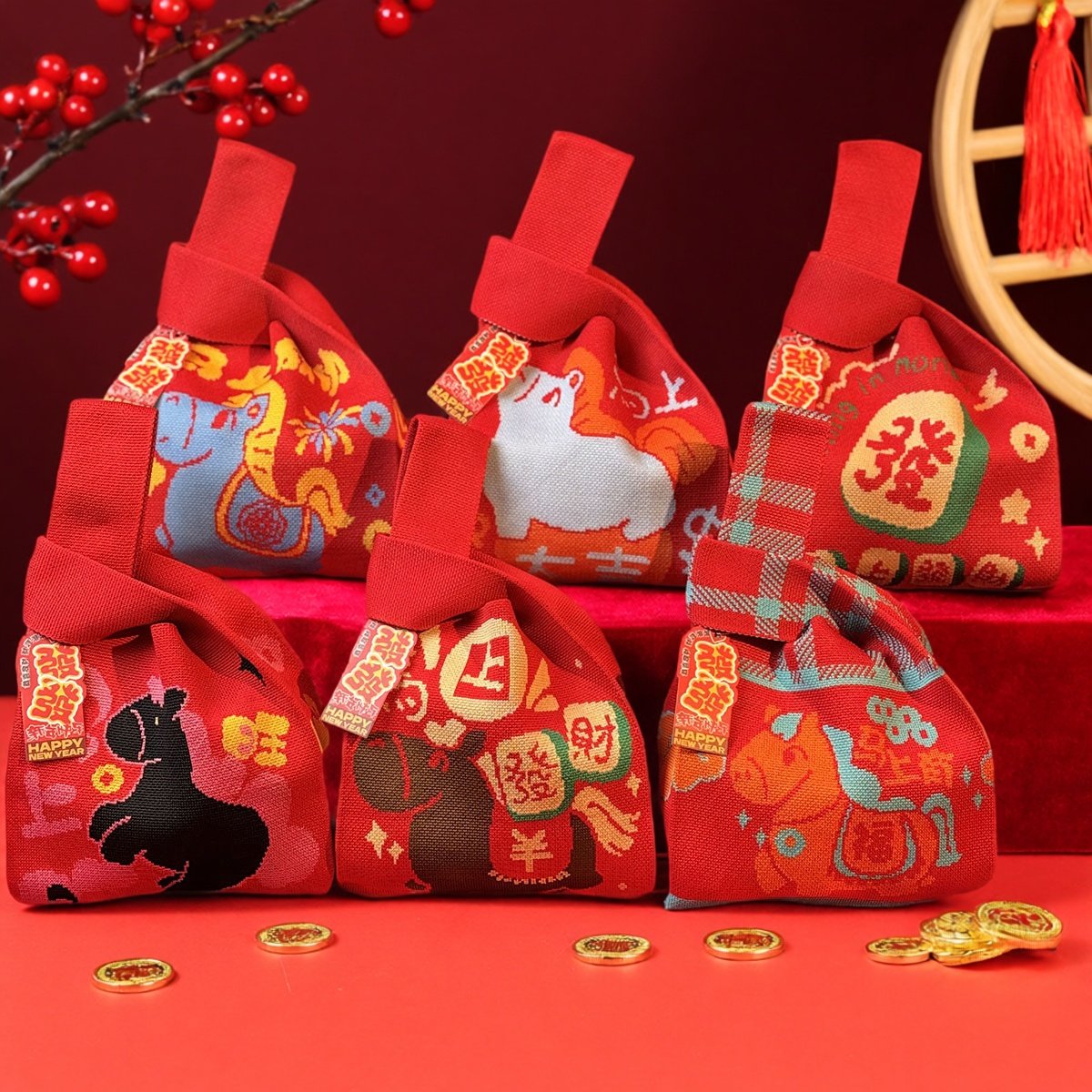 马年红色吉祥如意喜庆手腕包百搭伴手礼手提包回礼喜糖乔迁针织包