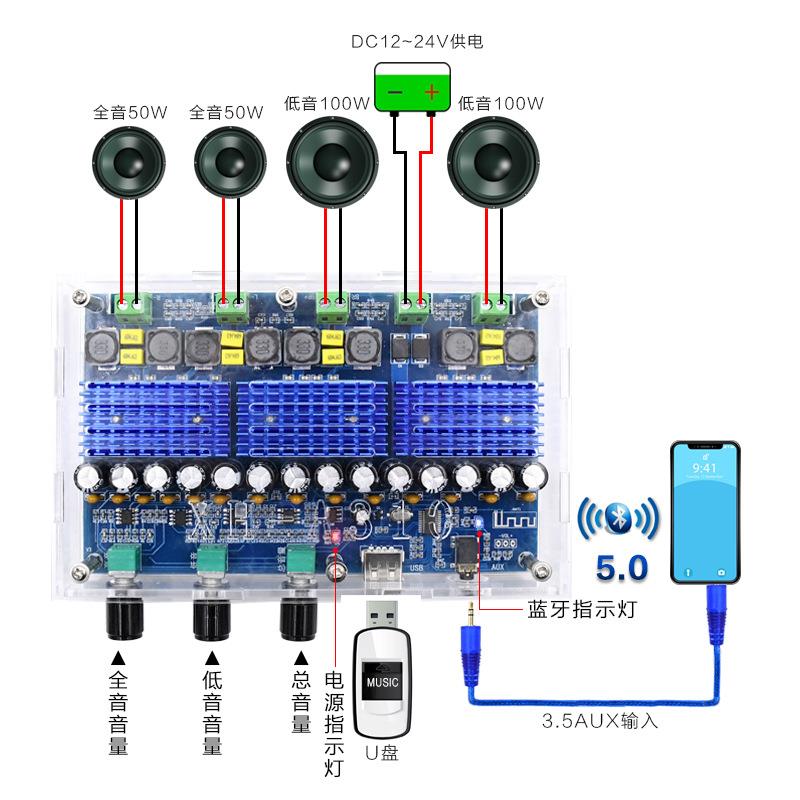 XH-A310带调音TDA3116D2数字功放板四声道双重低音双重立体声