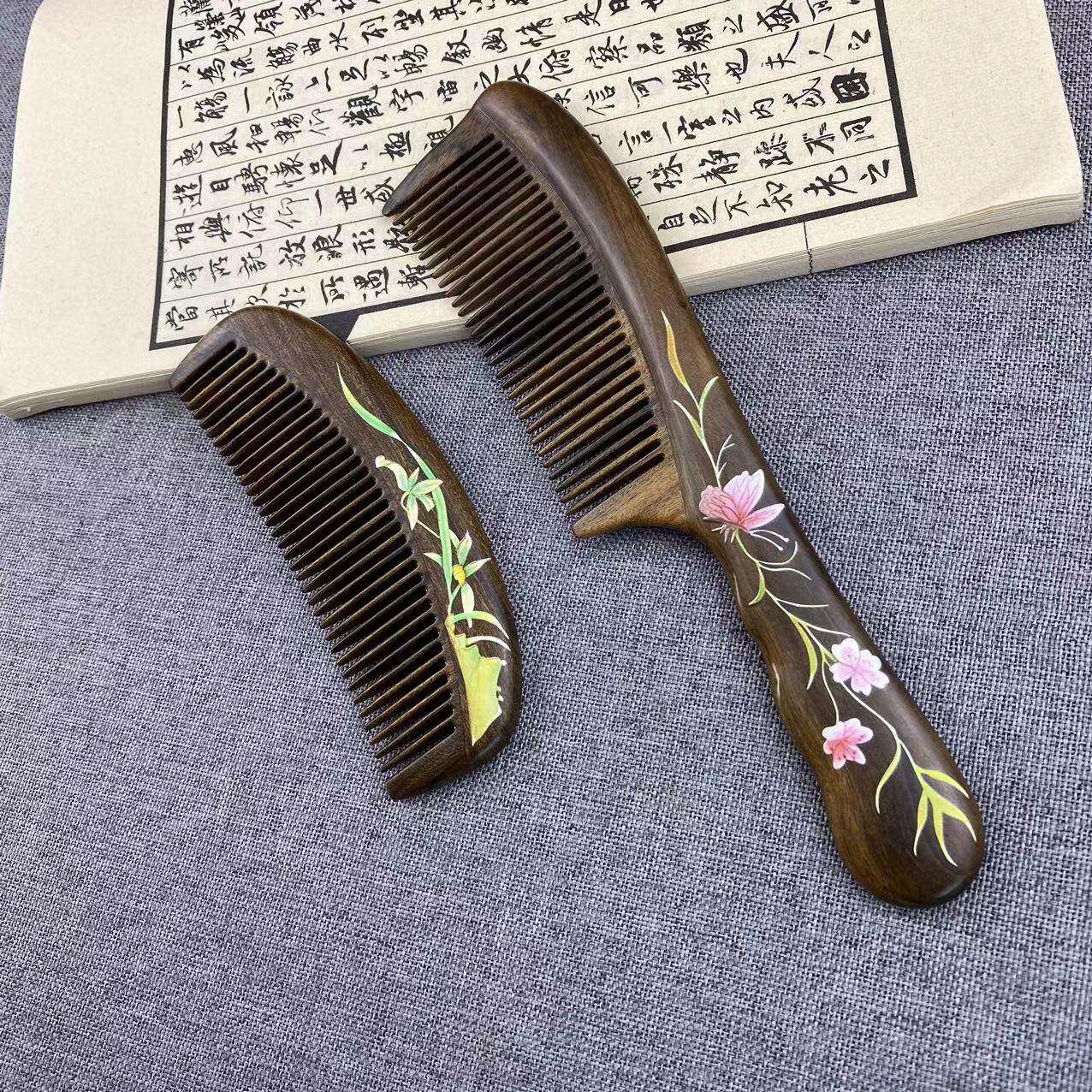 檀木梳手工彩绘图案漆艺工艺梳密齿古风镶齿梳子