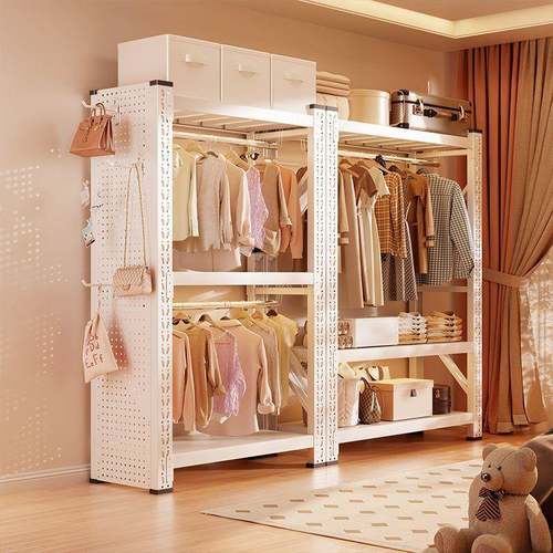 家用货架衣柜开放式挂衣架钢制简易公寓出租房落地衣橱收纳置物架