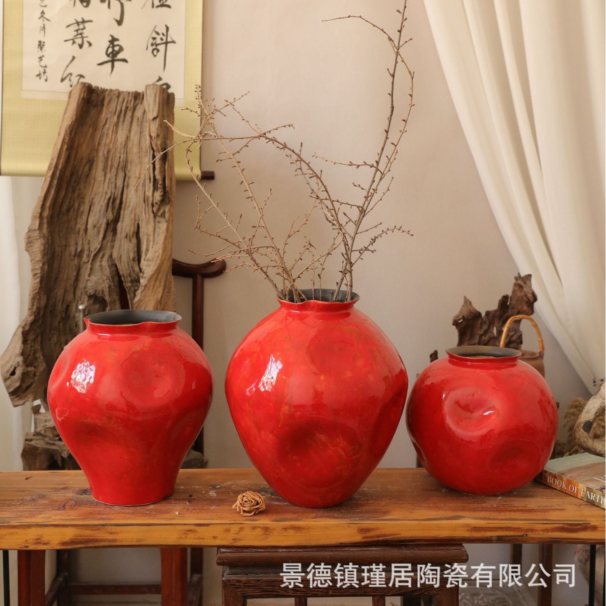 新年红插花花瓶纯手工陶瓷花瓶、花盆、景观家居玄关摆件