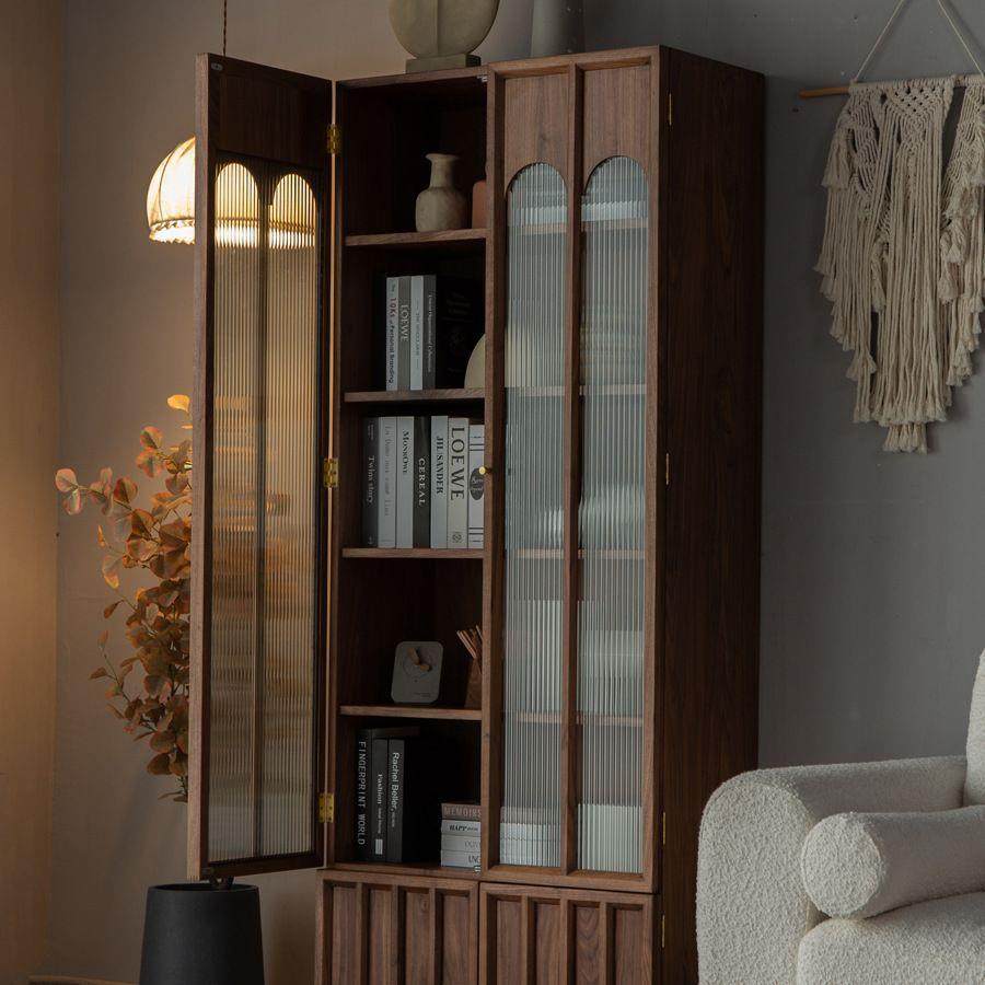 北美黑胡桃木全实木书柜简约式现代书架日式书房玻璃展示柜收纳柜