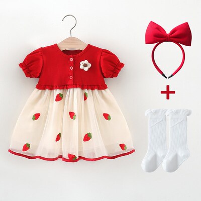 女宝宝夏季短袖连衣裙p婴儿小女孩红色网纱公主裙子一周岁礼服洋