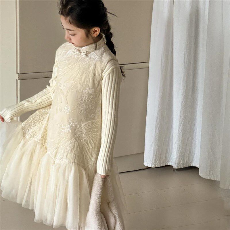 女童连衣裙秋冬2025新款高x级中式旗袍盘扣裙子儿童加绒背心公主