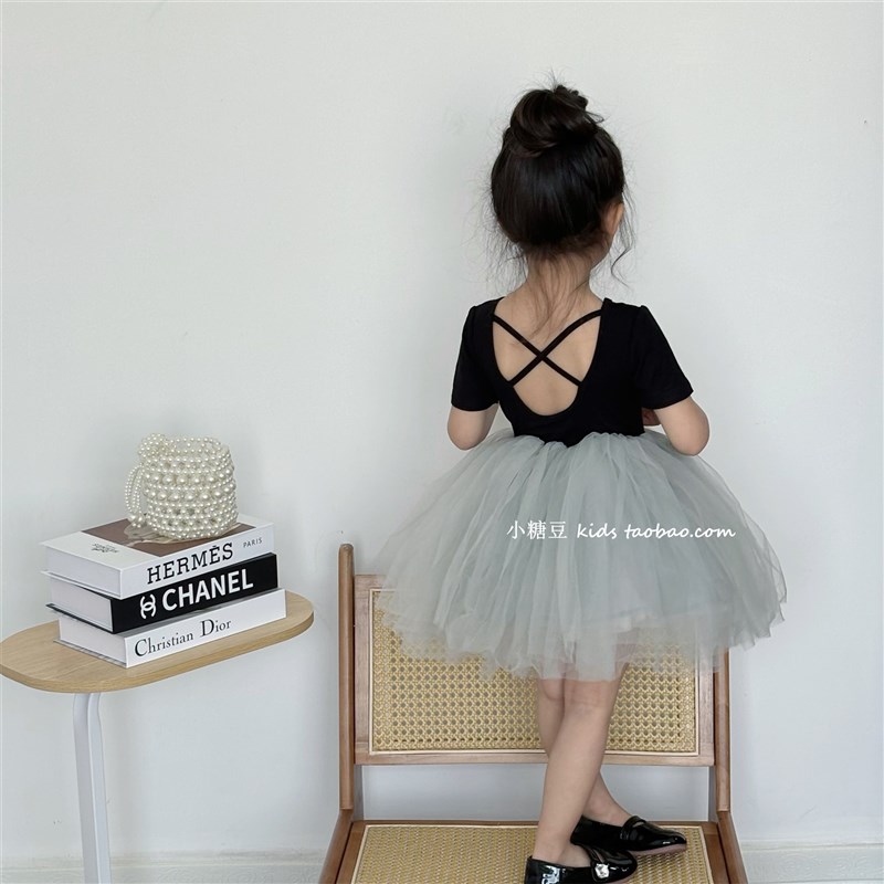 女童短袖露背芭蕾舞连衣裙2024夏C季新款女孩公主裙蓬蓬裙表演礼