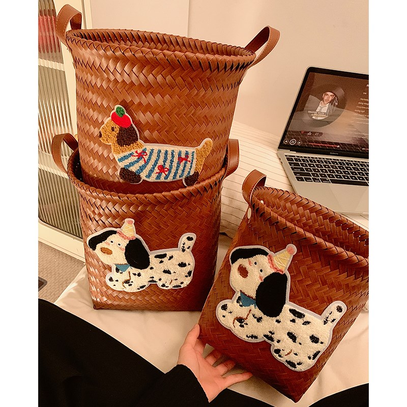 复古可爱小狗藤编脏衣篓家用大容量玩具J玩偶收纳筐手提洗衣篮新