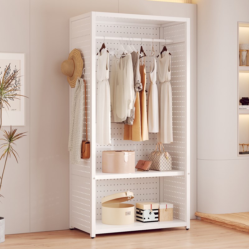 洞洞板衣柜家用小户型金r属挂衣架开放式防尘帘衣帽间架子落地柜