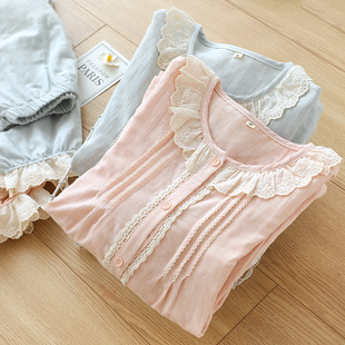 两件套装 睡衣女2023新款 薄款 纯棉纱布家居服长袖 全棉蕾 春秋q夏款