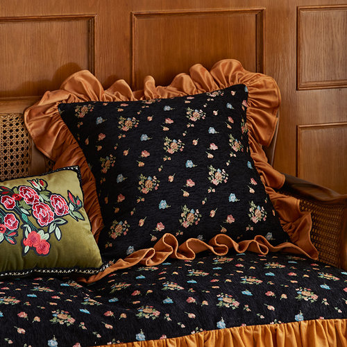 偏爱集美式复古抱枕m荷叶边客厅沙发法式玫瑰绣花绿色腰枕靠垫组