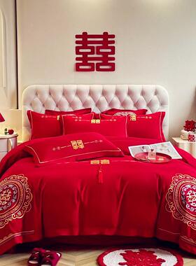 新婚刺绣龙被喜AL201208套婚庆大红凤被床单床婚庆陪笠嫁水洗棉四